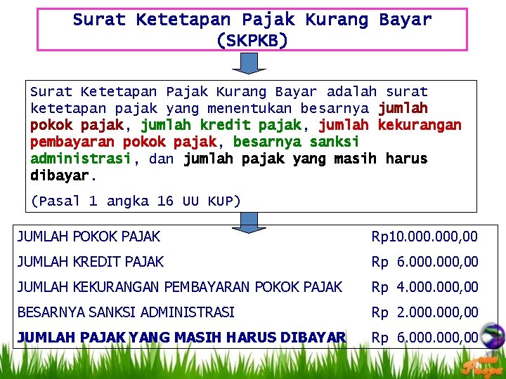 Surat Ketetapan Pajak Kurang Bayar (SKPKB) Surat Ketetapan Pajak Kurang Bayar adalah surat ketetapan