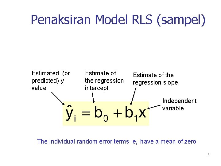 Penaksiran Model RLS (sampel) Estimated (or predicted) y value Estimate of the regression intercept