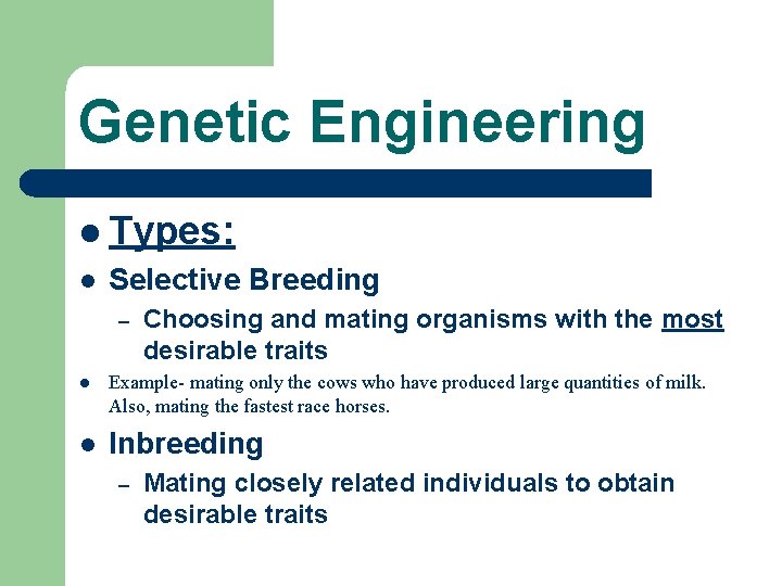 Genetic Engineering l Types: l Selective Breeding – Choosing and mating organisms with the