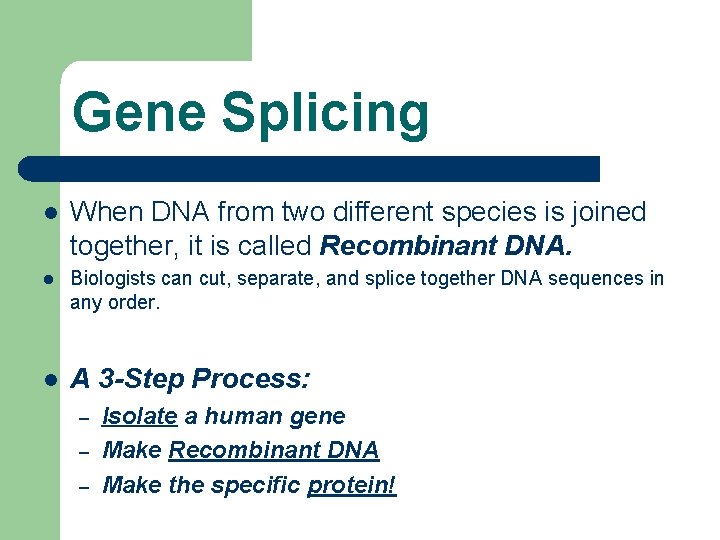 Gene Splicing l When DNA from two different species is joined together, it is