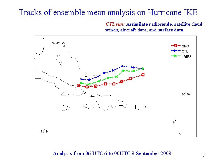 Tracks of ensemble mean analysis on Hurricane IKE CTL run: Assimilate radiosonde, satellite cloud