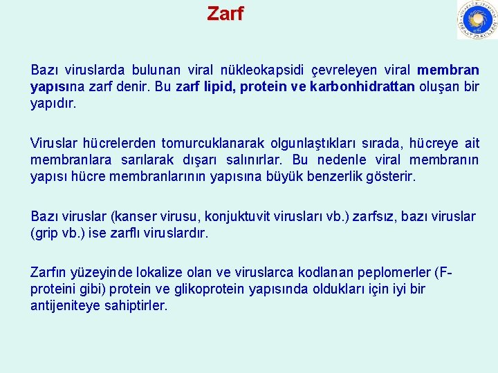Zarf Bazı viruslarda bulunan viral nükleokapsidi çevreleyen viral membran yapısına zarf denir. Bu zarf