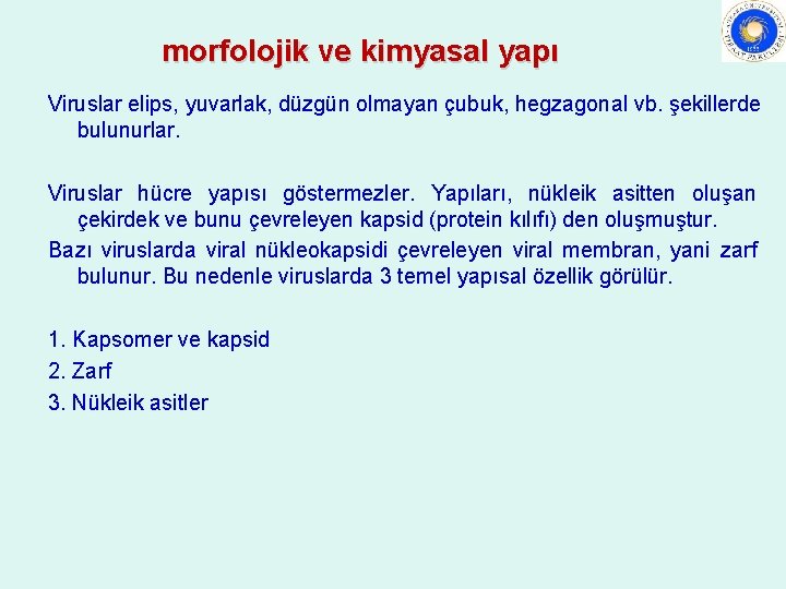 morfolojik ve kimyasal yapı Viruslar elips, yuvarlak, düzgün olmayan çubuk, hegzagonal vb. şekillerde bulunurlar. morfolojik ve kimyasal yapı Viruslar elips, yuvarlak, düzgün olmayan çubuk, hegzagonal vb. şekillerde bulunurlar.