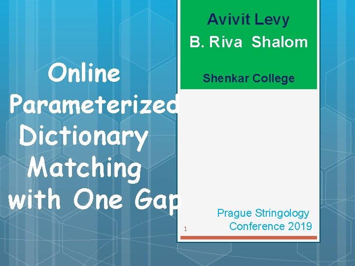 Avivit Levy B. Riva Shalom Online Parameterized Shenkar College Dictionary Matching with One Gap