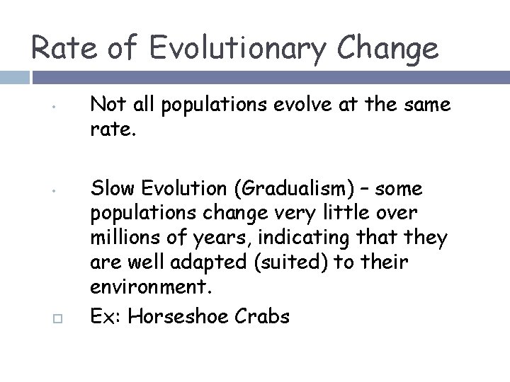 Rate of Evolutionary Change • • Not all populations evolve at the same rate.