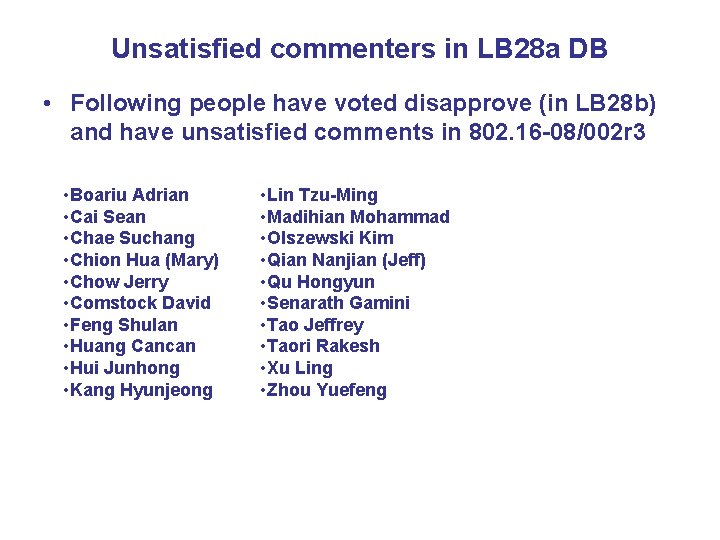 Unsatisfied commenters in LB 28 a DB • Following people have voted disapprove (in