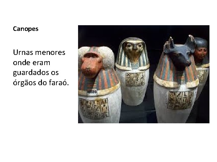 Canopes Urnas menores onde eram guardados os órgãos do faraó. 