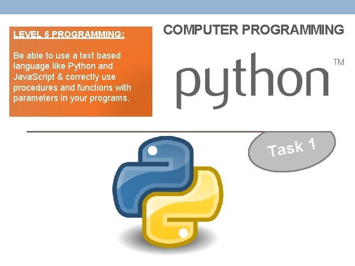 LEVEL 6 PROGRAMMING: COMPUTER PROGRAMMING Be able to use a text based language like