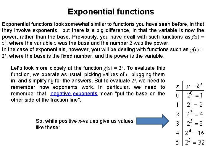 Exponential functions look somewhat similar to functions you have seen before, in that they