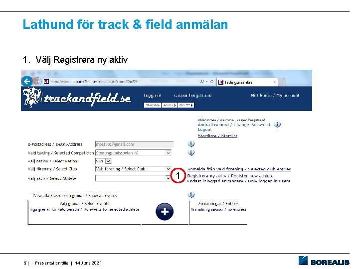 Lathund för track & field anmälan 1. Välj Registrera ny aktiv 1 5| Presentation