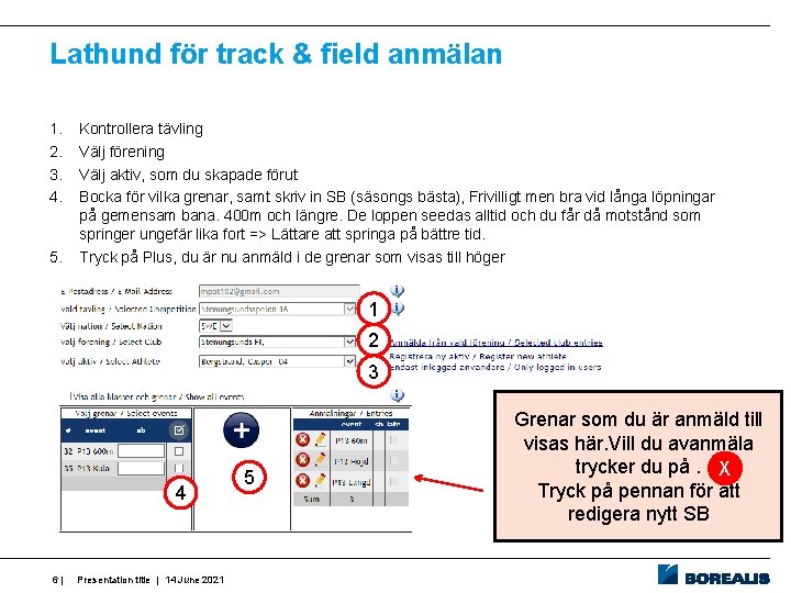 Lathund för track & field anmälan 1. 2. 3. 4. 5. Kontrollera tävling Välj