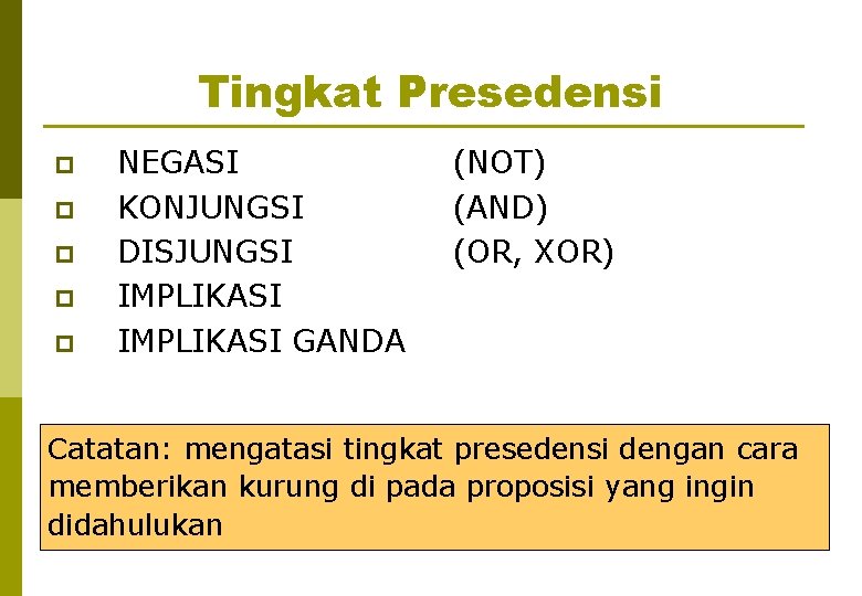 Tingkat Presedensi p p p NEGASI KONJUNGSI DISJUNGSI IMPLIKASI GANDA (NOT) (AND) (OR, XOR)