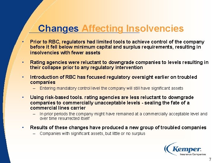 Changes Affecting Insolvencies • Prior to RBC, regulators had limited tools to achieve control