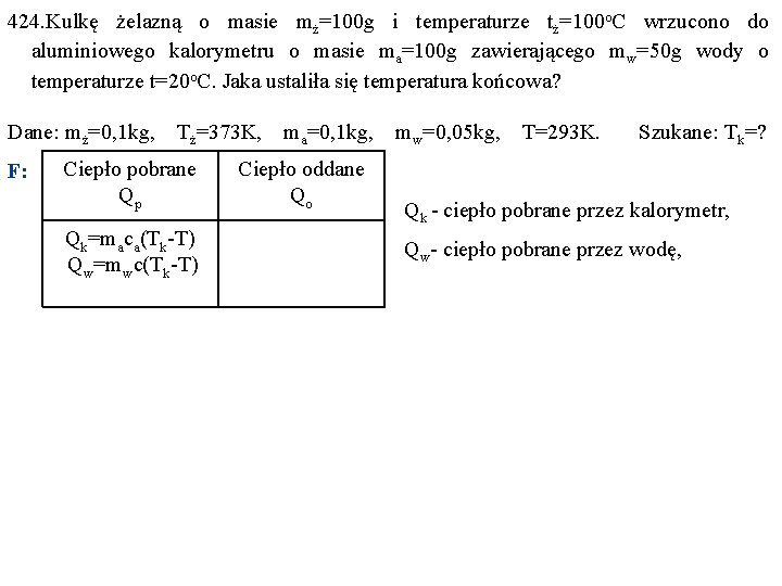 424. Kulkę żelazną o masie mż=100 g i temperaturze tż=100 o. C wrzucono do