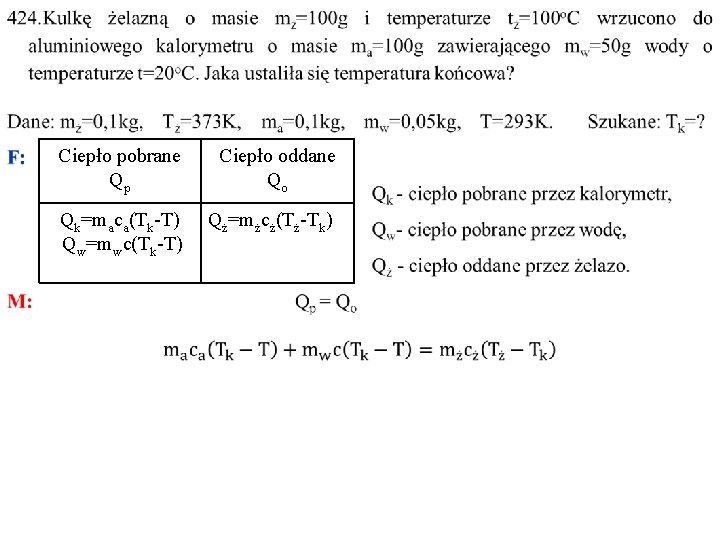 Ciepło pobrane Qp Ciepło oddane Qo Qk=maca(Tk-T) Qw=mwc(Tk-T) Qż=mżcż(Tż-Tk) 