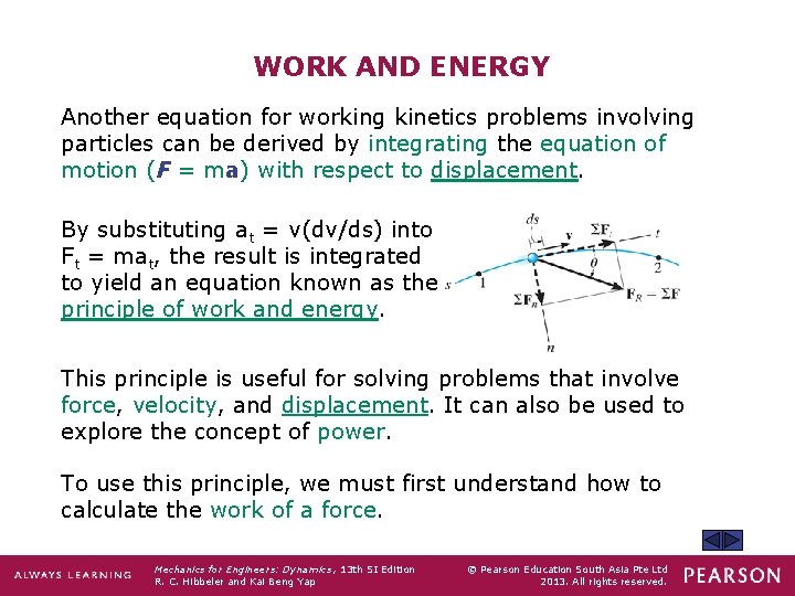 WORK AND ENERGY Another equation for working kinetics problems involving particles can be derived