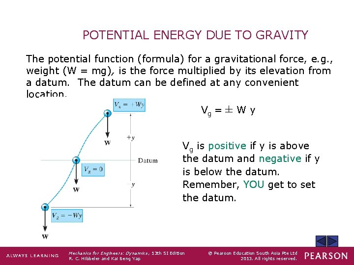 POTENTIAL ENERGY DUE TO GRAVITY The potential function (formula) for a gravitational force, e.