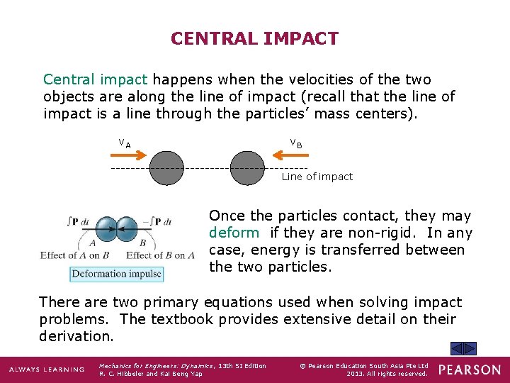 CENTRAL IMPACT Central impact happens when the velocities of the two objects are along