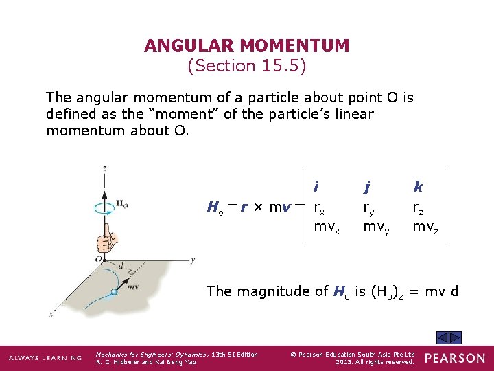 ANGULAR MOMENTUM (Section 15. 5) The angular momentum of a particle about point O