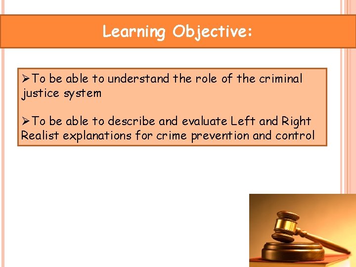 Learning Objective: ØTo be able to understand the role of the criminal justice system