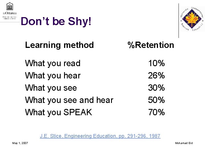 Don’t be Shy! Learning method What you read What you hear What you see