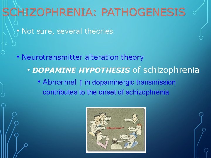 SCHIZOPHRENIA: PATHOGENESIS • Not sure, several theories • Neurotransmitter alteration theory • DOPAMINE HYPOTHESIS