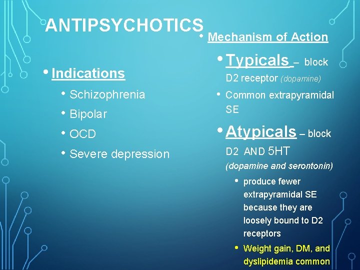 ANTIPSYCHOTICS • Mechanism of Action • Indications • Schizophrenia • Bipolar • OCD •