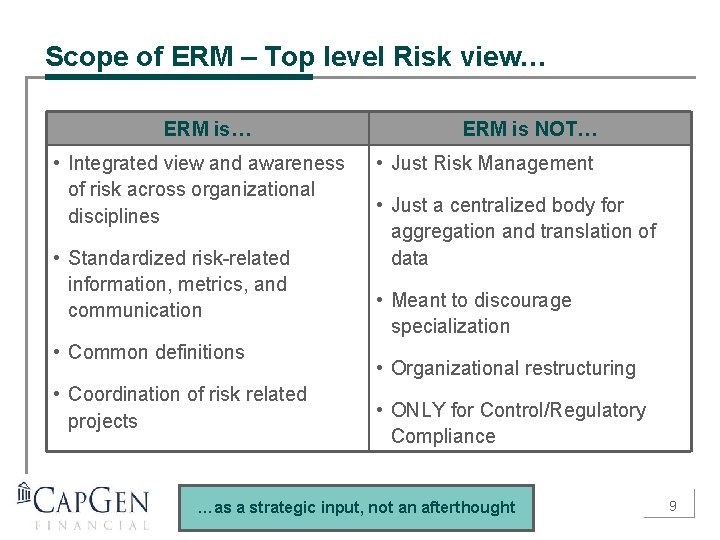 Scope of ERM – Top level Risk view… ERM is… • Integrated view and