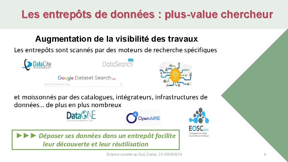 Les entrepôts de données : plus-value chercheur Augmentation de la visibilité des travaux Les