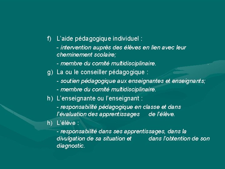 f) L’aide pédagogique individuel : - intervention auprès des élèves en lien avec leur