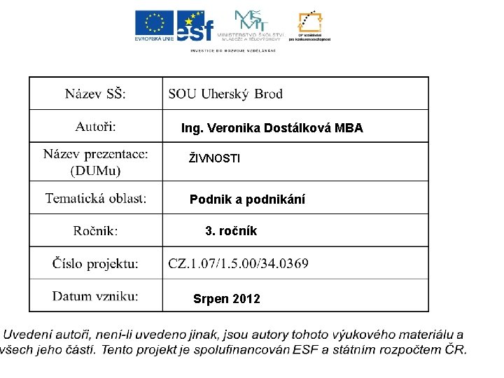 Ing. Veronika Dostálková MBA ŽIVNOSTI Podnik a podnikání 3. ročník Srpen 2012 