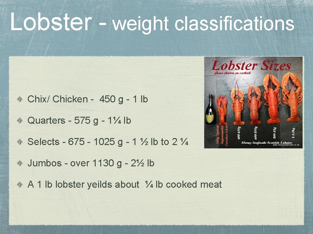 Lobster - weight classifications Chix/ Chicken - 450 g - 1 lb Quarters -