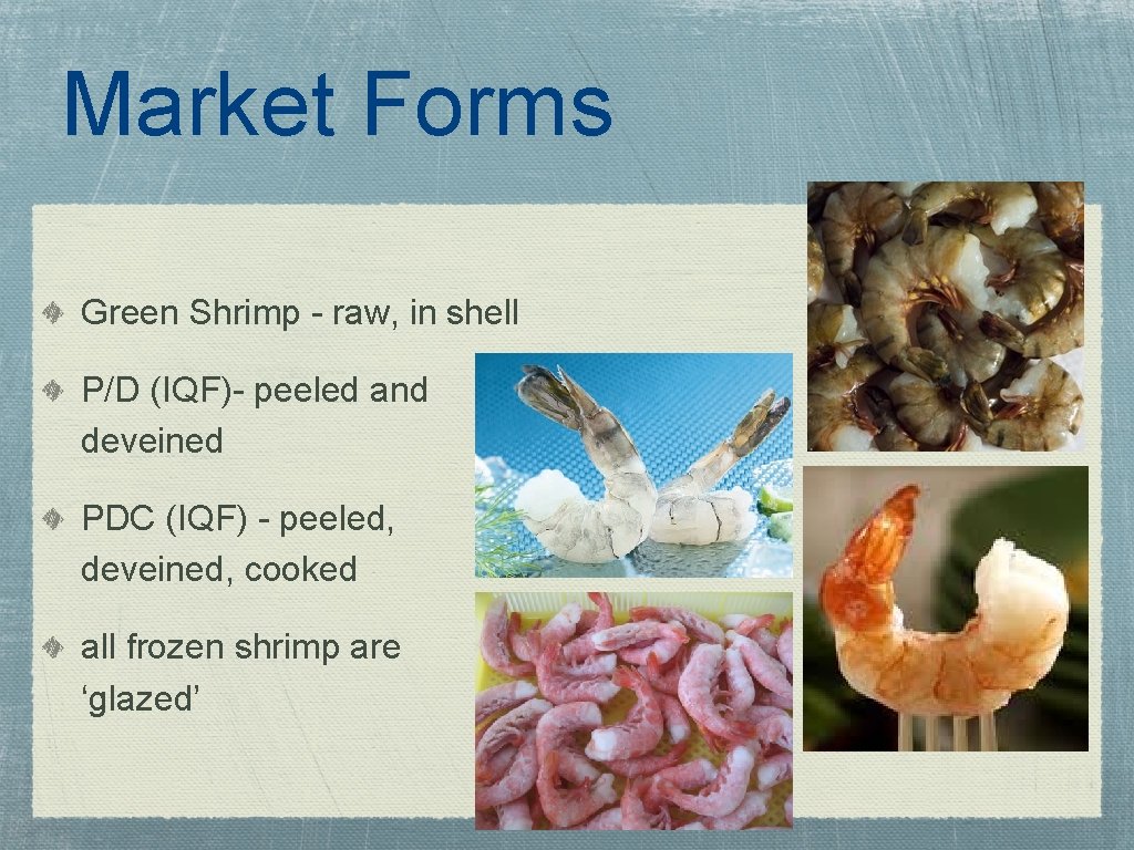 Market Forms Green Shrimp - raw, in shell P/D (IQF)- peeled and deveined PDC