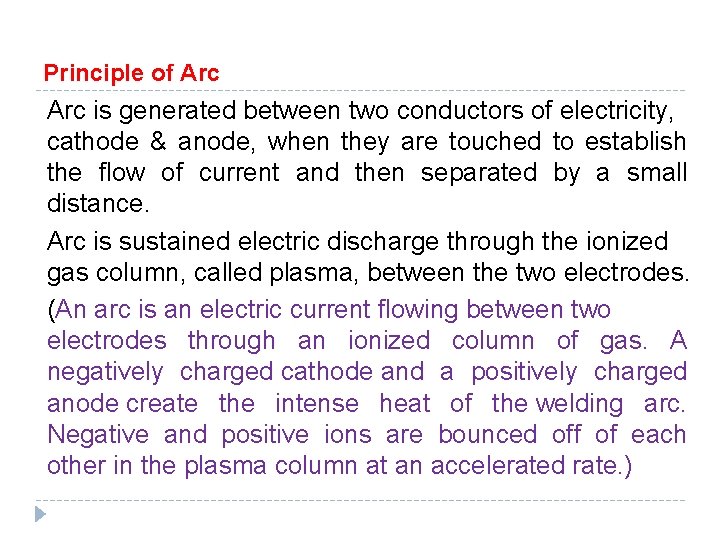 Principle of Arc is generated between two conductors of electricity, cathode & anode, when Principle of Arc is generated between two conductors of electricity, cathode & anode, when