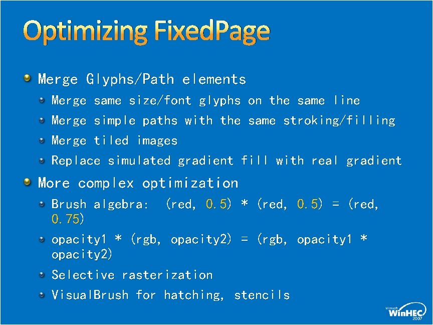Optimizing Fixed. Page Merge Glyphs/Path elements Merge same size/font glyphs on the same line