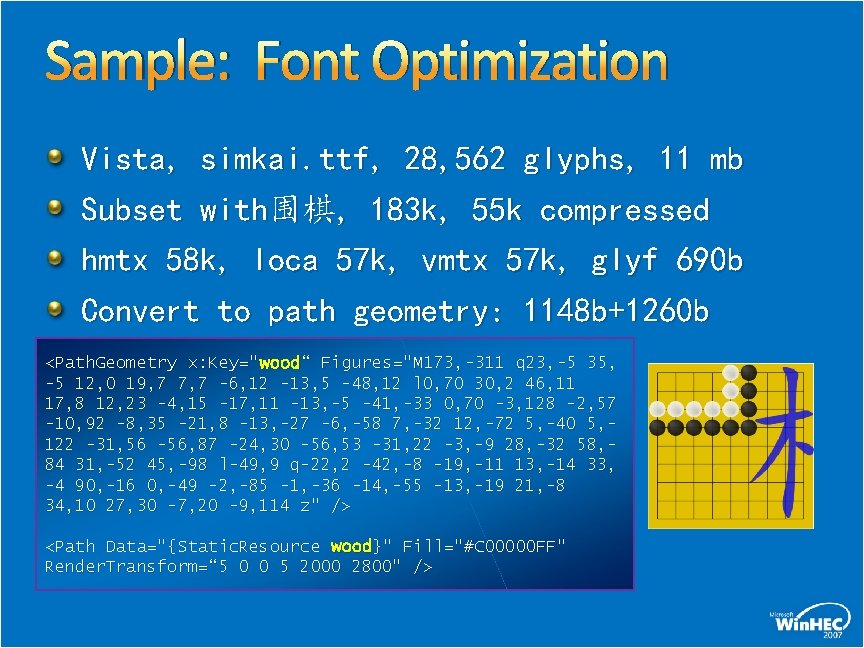 Sample: Font Optimization Vista, simkai. ttf, 28, 562 glyphs, 11 mb Subset with围棋, 183