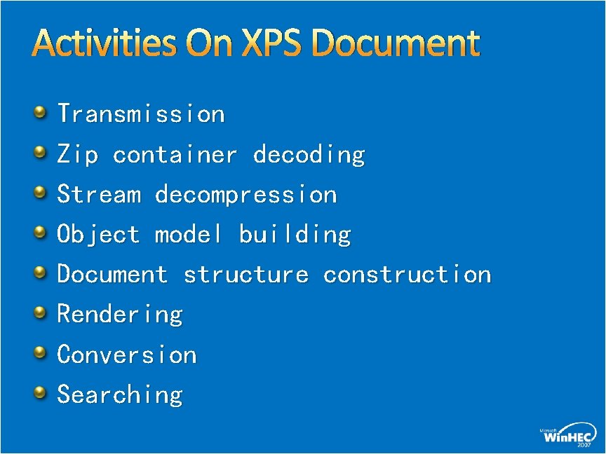 Activities On XPS Document Transmission Zip container decoding Stream decompression Object model building Document