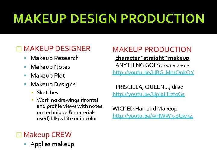 MAKEUP DESIGN PRODUCTION � MAKEUP DESIGNER Makeup Research Makeup Notes Makeup Plot Makeup Designs