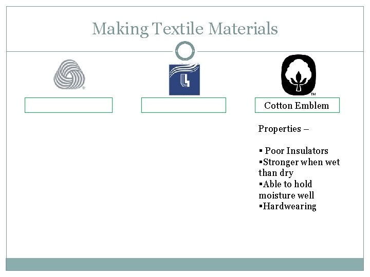 Making Textile Materials Cotton Emblem Properties – § Poor Insulators §Stronger when wet than