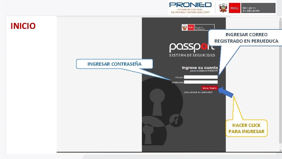 INICIO INGRESAR CORREO REGISTRADO EN PERUEDUCA INGRESAR CONTRASEÑA HACER CLICK PARA INGRESAR 