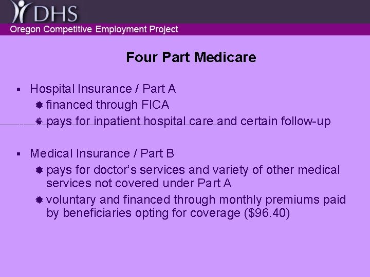 Four Part Medicare Hospital Insurance / Part A ® financed through FICA ® pays