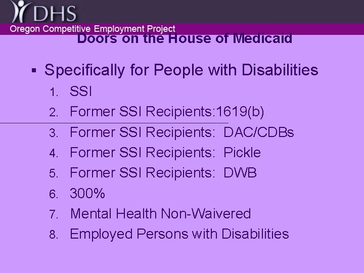 Doors on the House of Medicaid § Specifically for People with Disabilities 1. 2.
