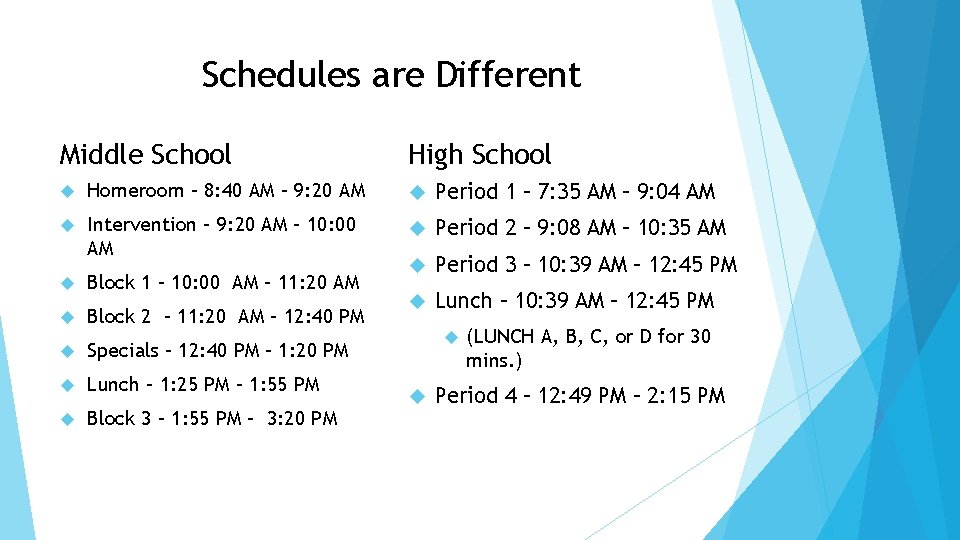 Schedules are Different Middle School High School Homeroom – 8: 40 AM – 9: