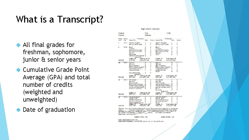 What is a Transcript? All final grades for freshman, sophomore, junior & senior years