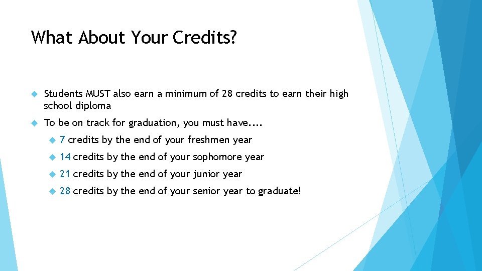 What About Your Credits? Students MUST also earn a minimum of 28 credits to