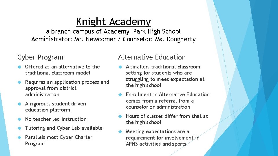 Knight Academy a branch campus of Academy Park High School Administrator: Mr. Newcomer /
