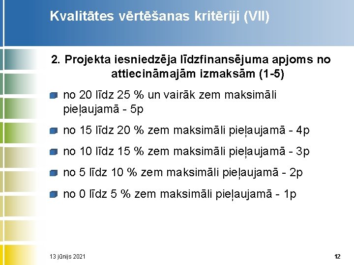 Kvalitātes vērtēšanas kritēriji (VII) 2. Projekta iesniedzēja līdzfinansējuma apjoms no attiecināmajām izmaksām (1 5)