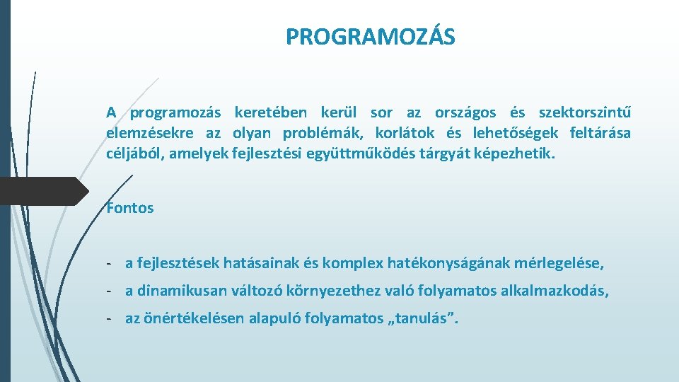 PROGRAMOZÁS A programozás keretében kerül sor az országos és szektorszintű elemzésekre az olyan problémák, PROGRAMOZÁS A programozás keretében kerül sor az országos és szektorszintű elemzésekre az olyan problémák,
