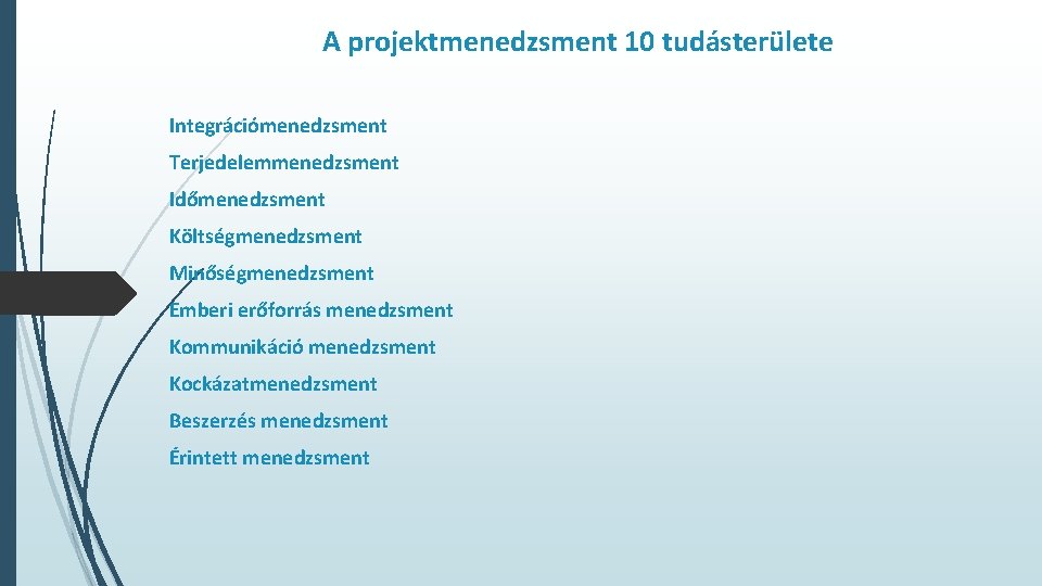 A projektmenedzsment 10 tudásterülete Integrációmenedzsment Terjedelemmenedzsment Időmenedzsment Költségmenedzsment Minőségmenedzsment Emberi erőforrás menedzsment Kommunikáció menedzsment