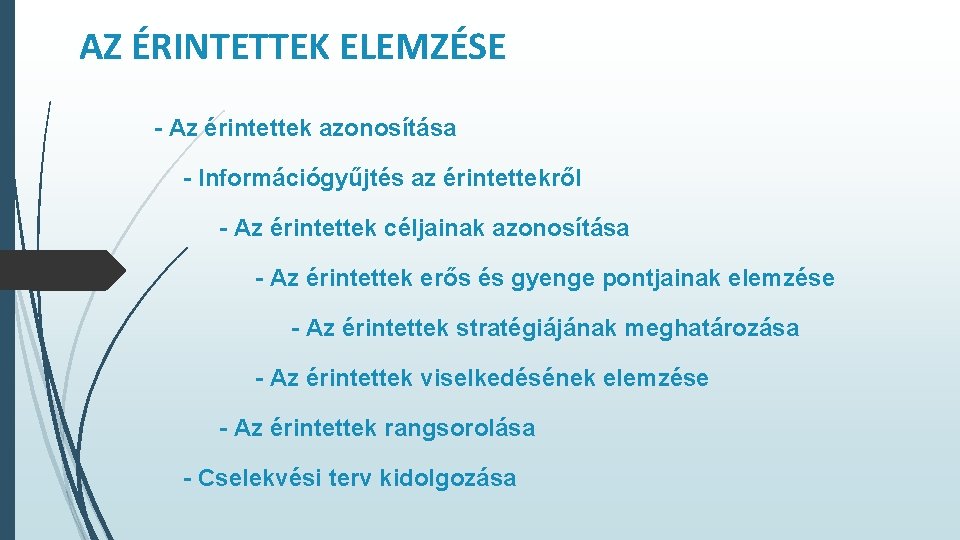 AZ ÉRINTETTEK ELEMZÉSE - Az érintettek azonosítása - Információgyűjtés az érintettekről - Az érintettek